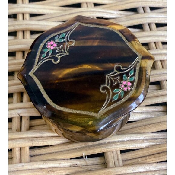 Antique 20's Faux Tortoise Carved Celluloid Painted Flowers Vanity set - Picture 6 of 15